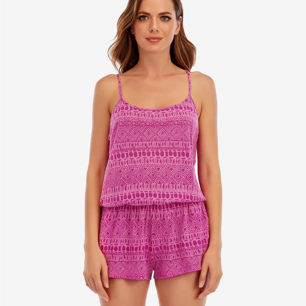 NEW Lucky Brand Swim Coverup Romper Pink Aztec Style Print Pockets Sz M NWT